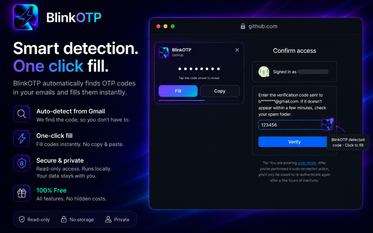 BlinkOTP filling a verification code on GitHub